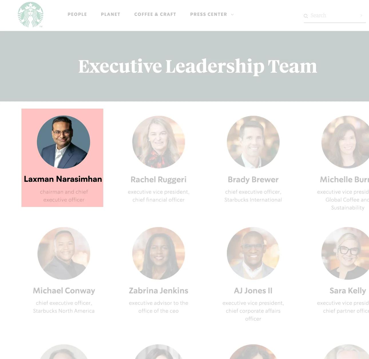 Previous: Starbucks leadership page showing Laxman Narasimhan as CEO