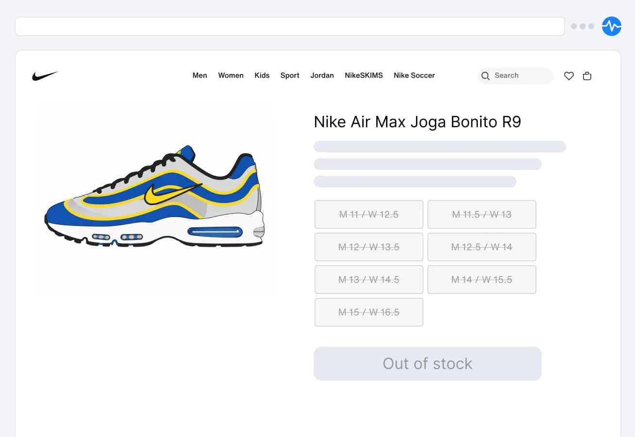 Product page with the Visualping panel open, picking an element to monitor
