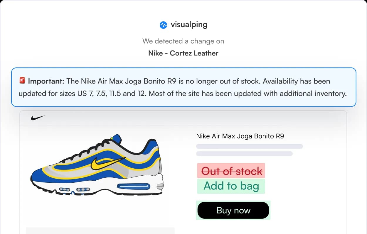 Visualping email report showing a detected change on a Nike product page