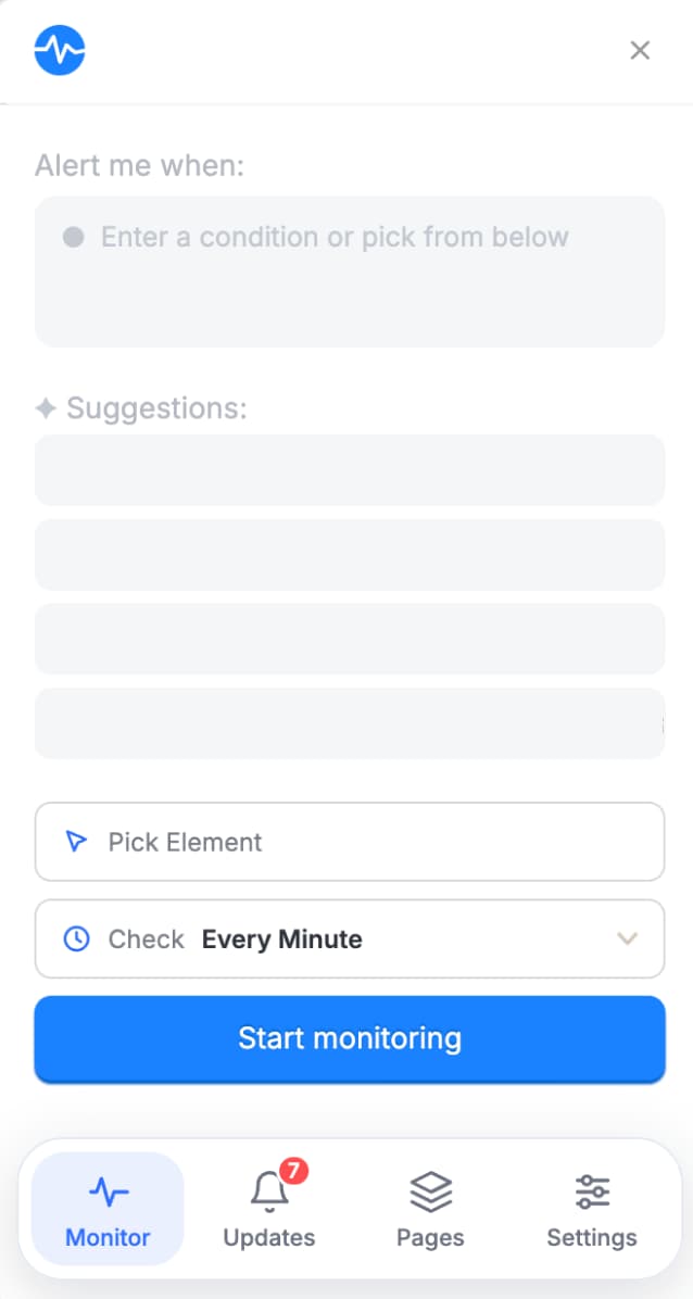 Visualping extension panel set to Local mode, picking a condition to monitor