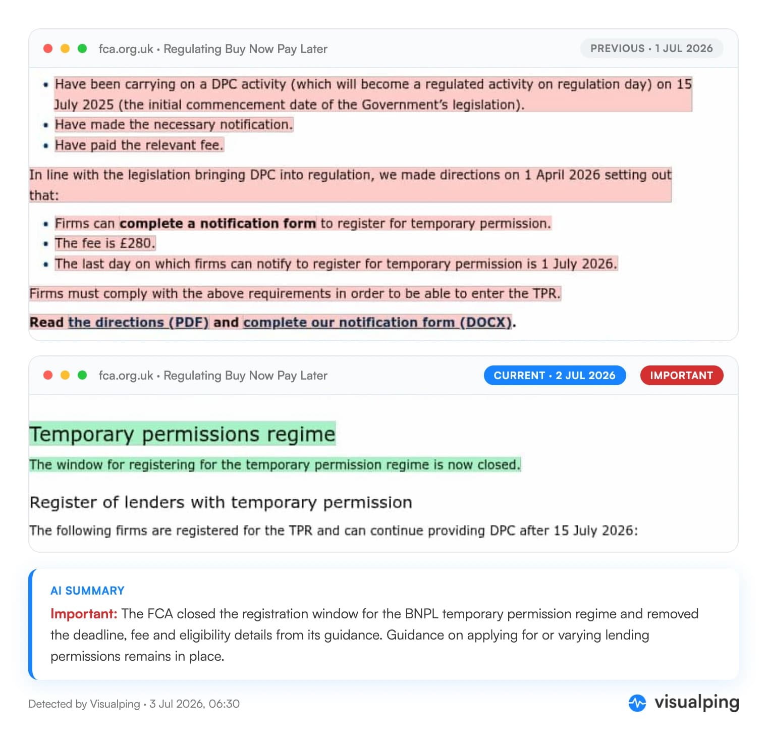 Before and after of the FCA's Buy Now Pay Later guidance captured by Visualping: the temporary permission registration deadline, fee and eligibility details were removed and a notice that the window is now closed was added, with the Visualping AI summary of the change
