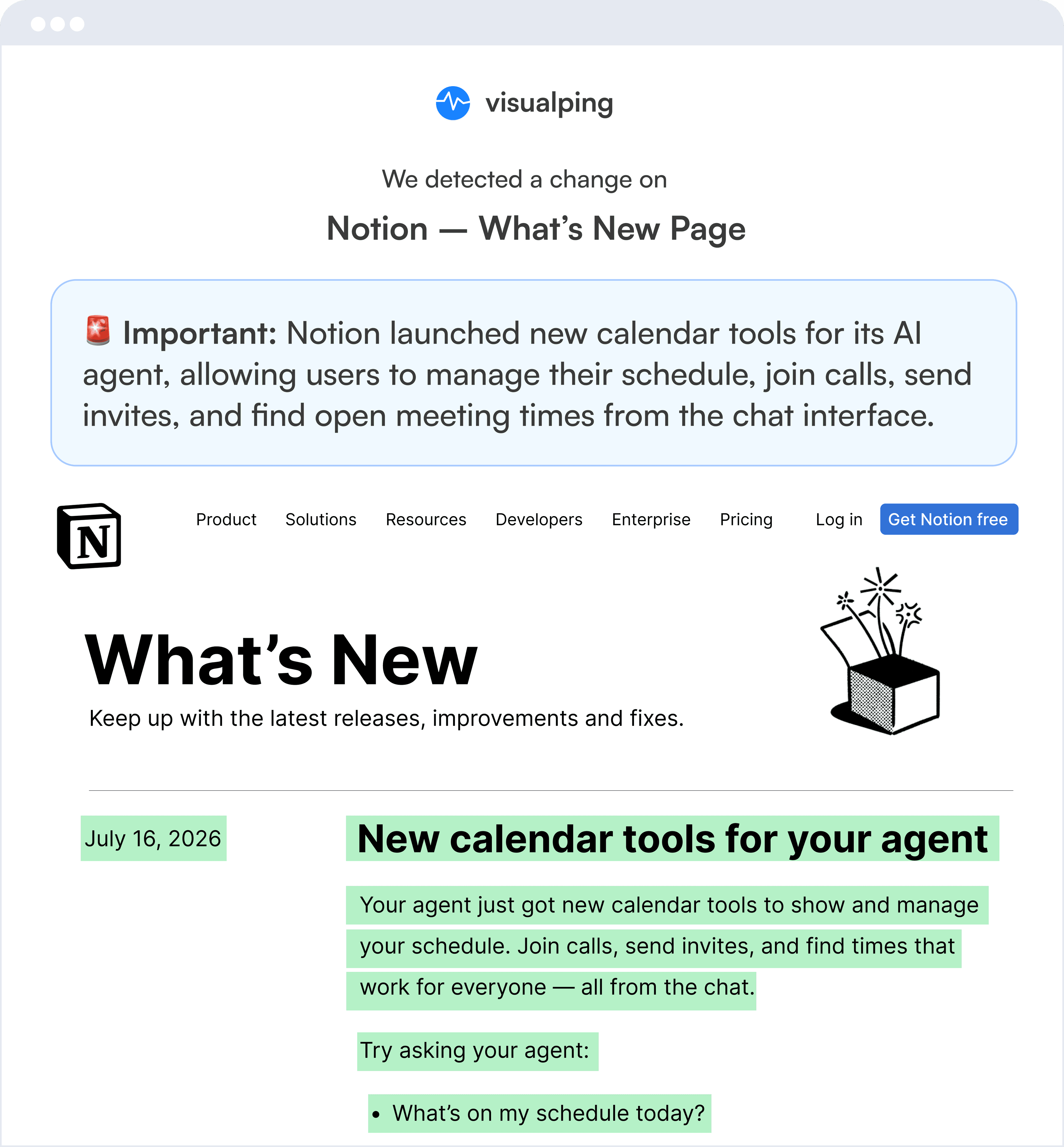 Visualping change alert showing what changed on a monitored competitor page