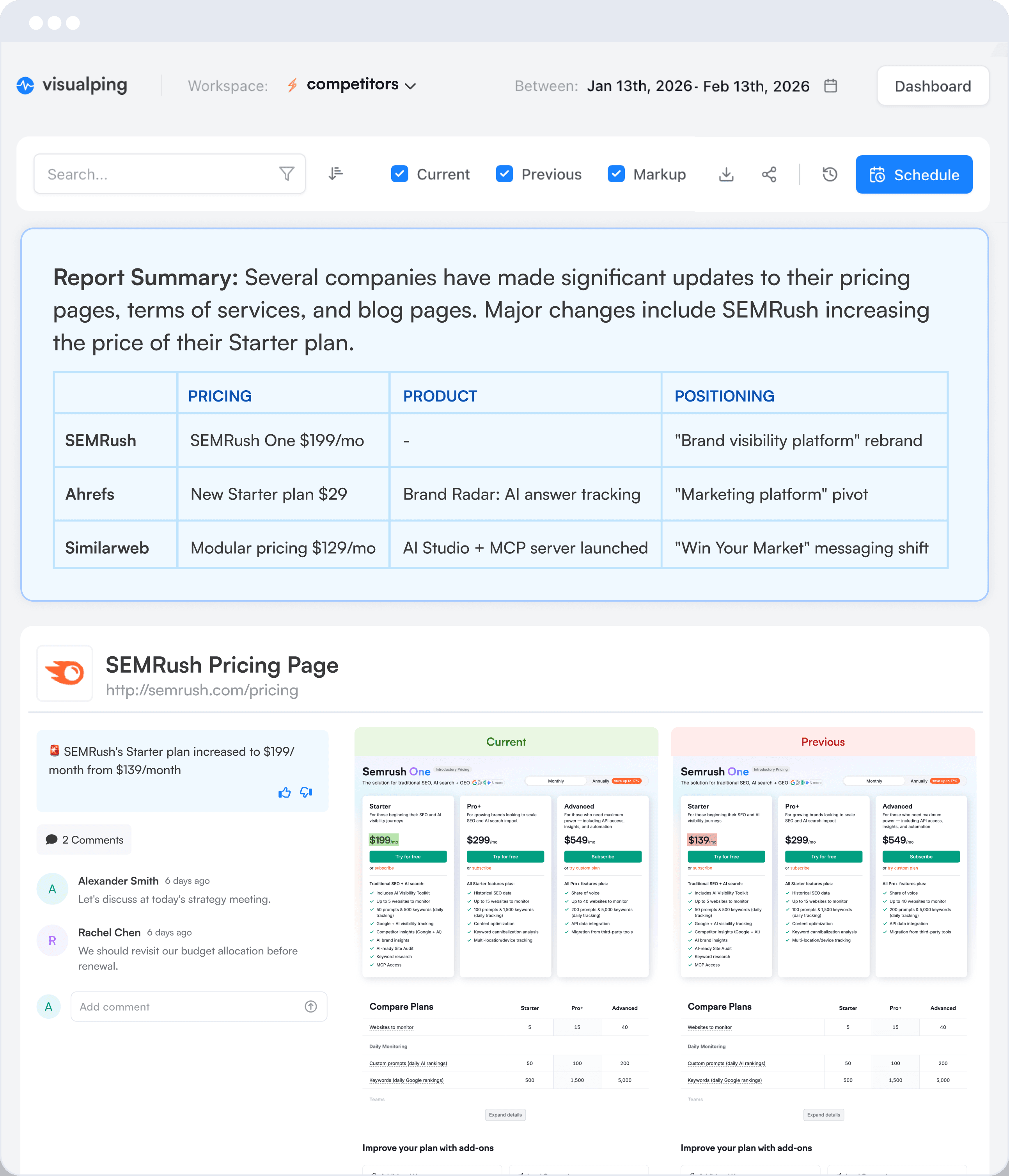 Visualping competitor monitoring report with AI summaries of each detected change