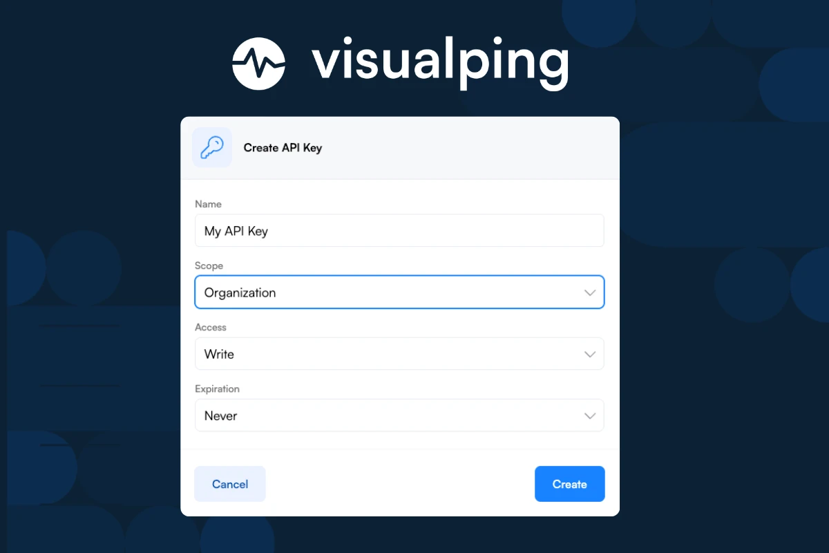Create API Key dialog in Visualping showing name, scope, access and expiration fields