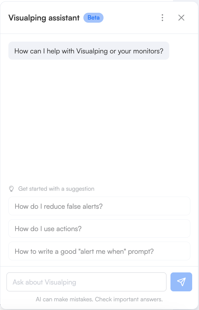 The Visualping assistant panel in beta, greeting the user and offering suggested questions about reducing false alerts, using actions, and writing a good alert prompt