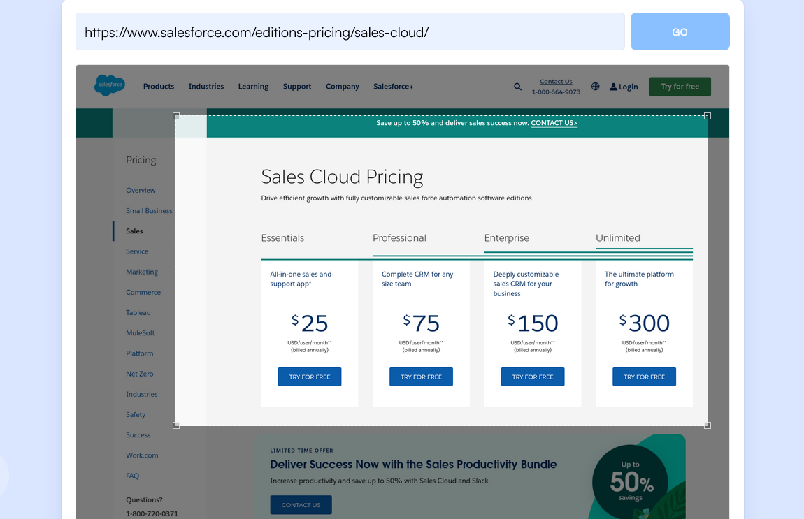 Select the Part of the Page You Want to monitor for changes to Salesforce sales cloud price drops..