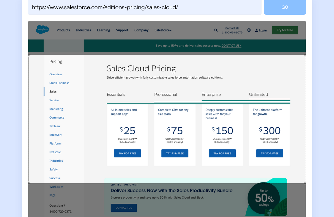 Select the Part of the Page You Want to monitor for Changes on, like the Salesforce Sales Cloud price drops.