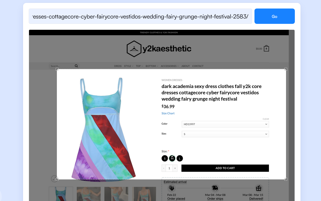 Monitoring a dress price on y2k aesthetic using Visualping.