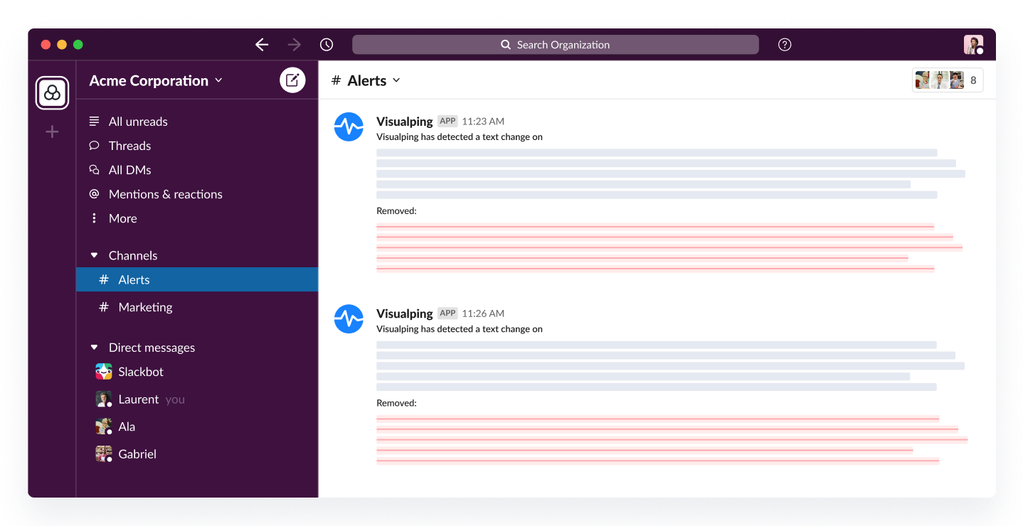 Visualping&rsquo;s new Slack app integration. When Visualping detects a change on a web page you&rsquo;re monitoring, receive an alert in your Slack workspace.