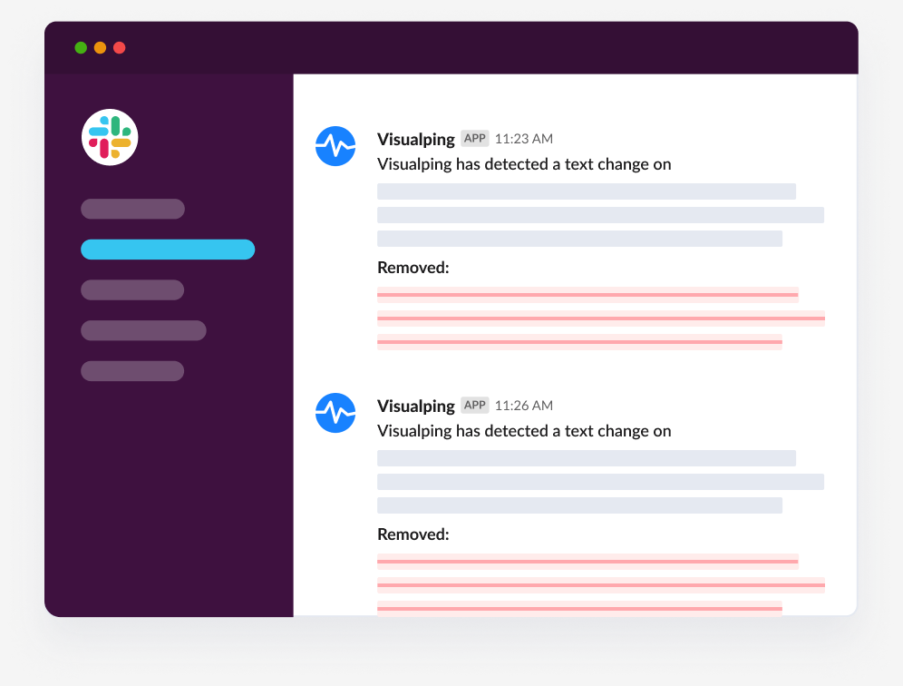 Visualping&rsquo;s new Slack app integration. Easily understand web page change alerts in Slack. Updates are highlighted to easily view, right in your Slack workspace.