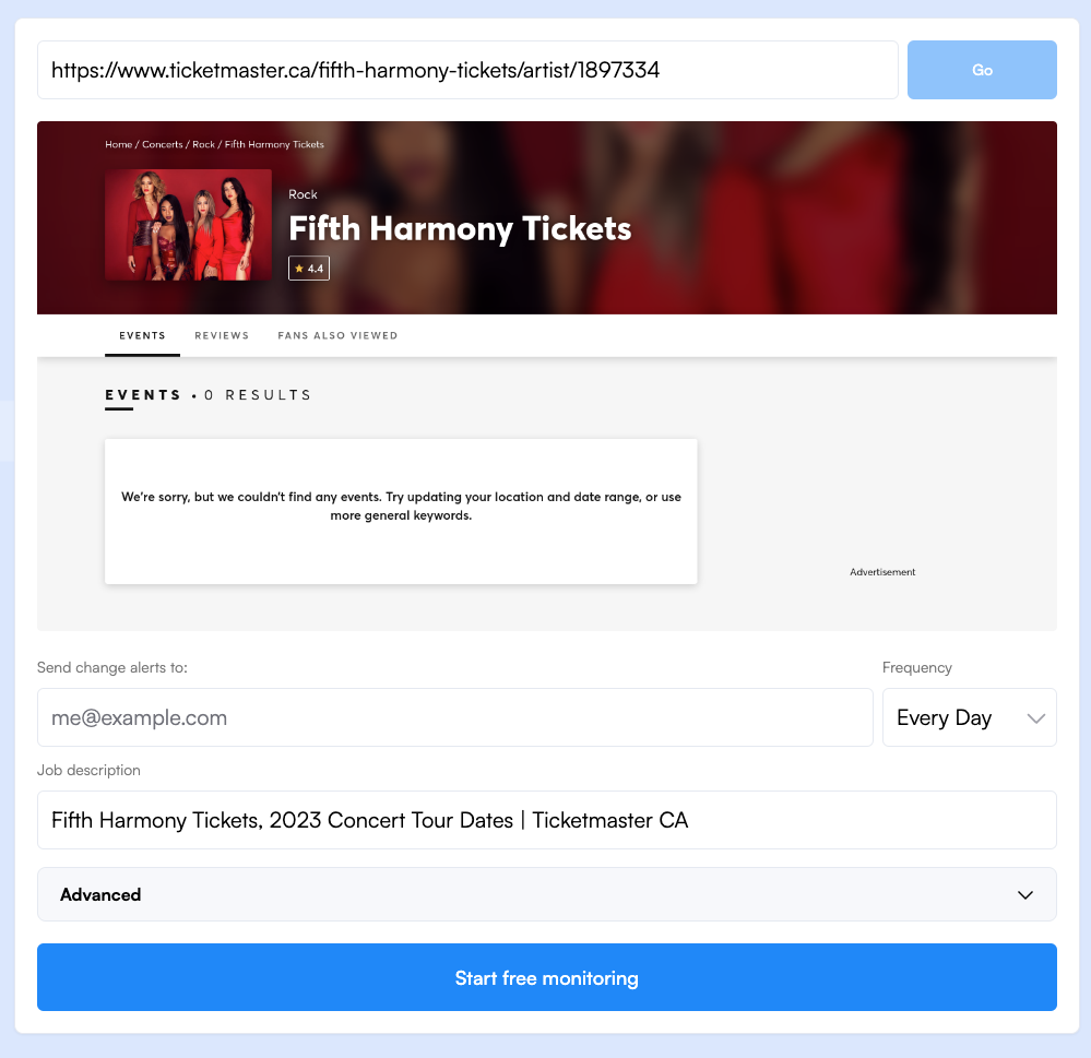 Monitor new tickets using Visualping