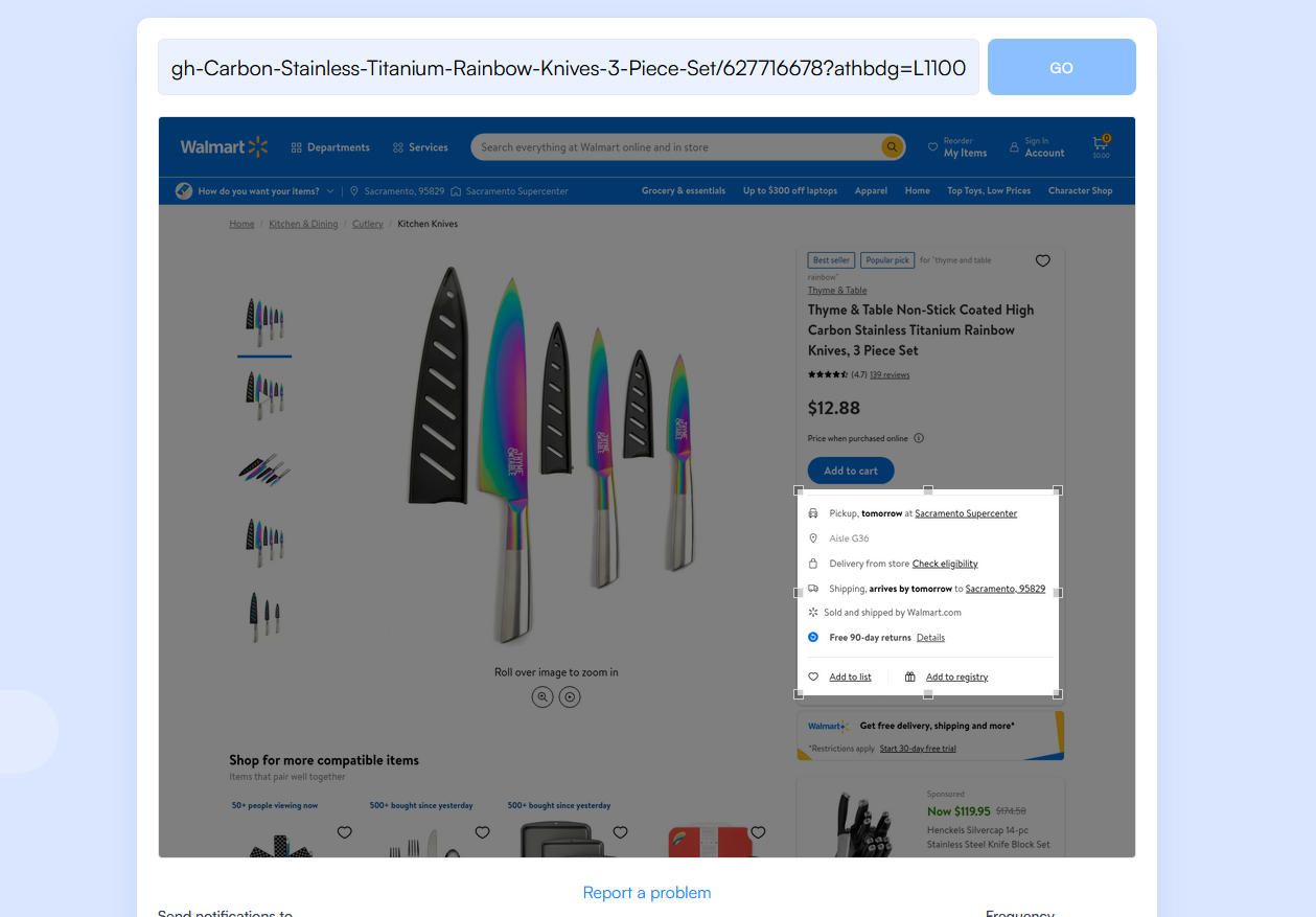 Select the Part of the Page You Want to Monitor on Walmart&rsquo;s website using Visualping