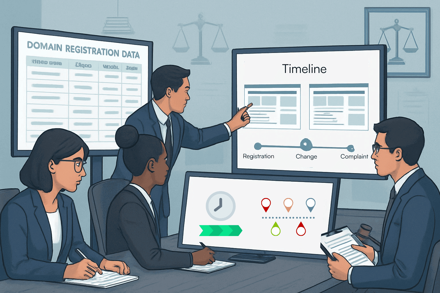[A group of legal professionals in an office analyzing digital screens showing domain data, visual evidence, and timelines to investigate bad faith in domain disputes.