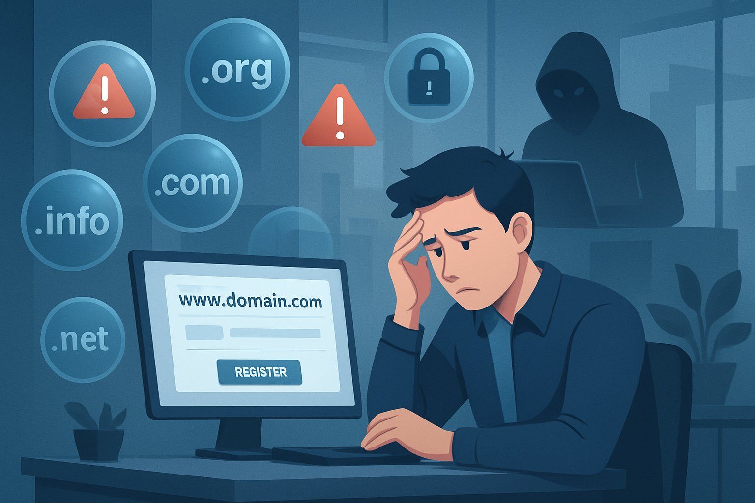 A person at a desk looking frustrated at a computer screen showing domain registrations, with floating domain name bubbles and a shadowy figure in the background.