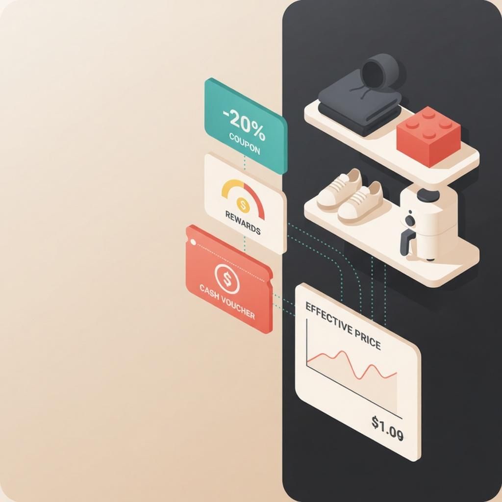 Isometric dashboard illustration showing coupons, rewards, and cash stacking into a lower effective price for Kohls Black Friday.”