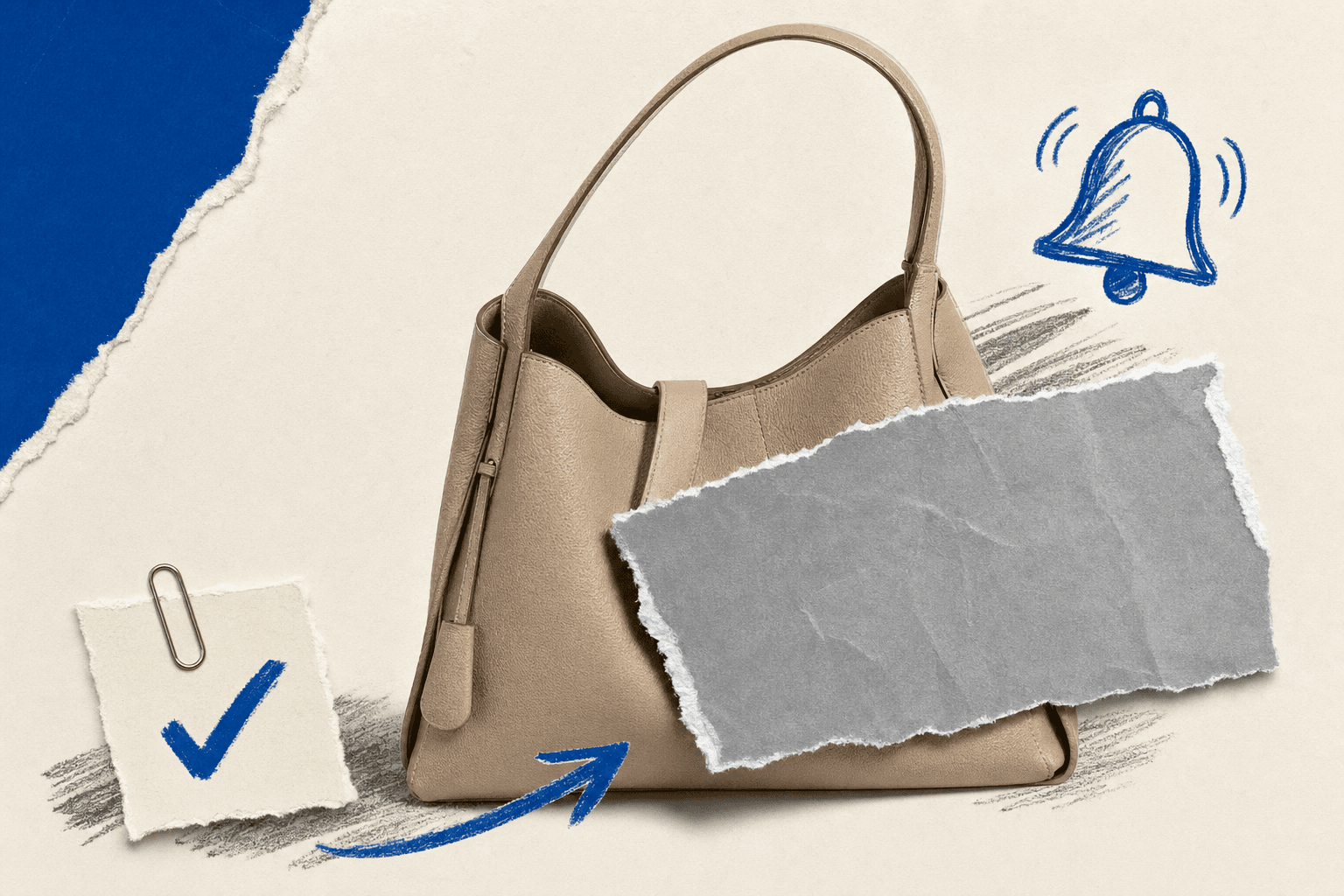 Editorial collage of a designer-style leather handbag on warm paper with grey out-of-stock paper patch and brand-blue restock bell
