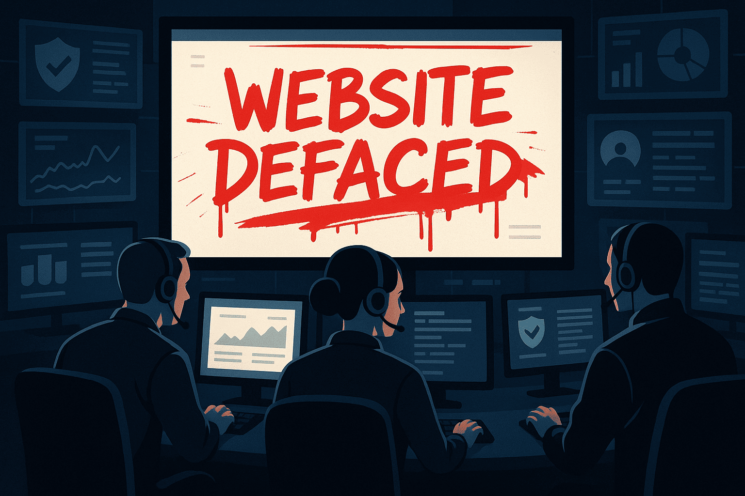 A computer screen displaying a website being defaced, with a security team monitoring and analyzing the situation