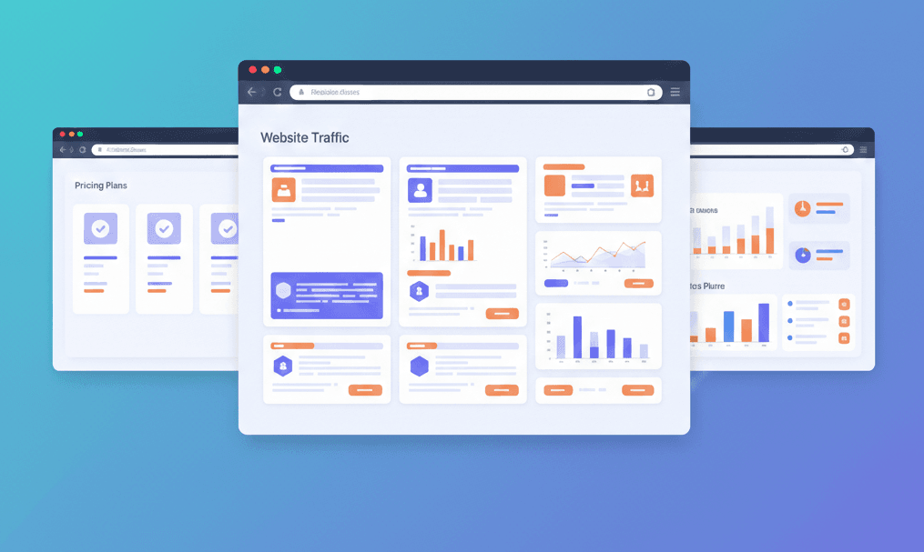 Three screens showing competitive monitoring dashboards
