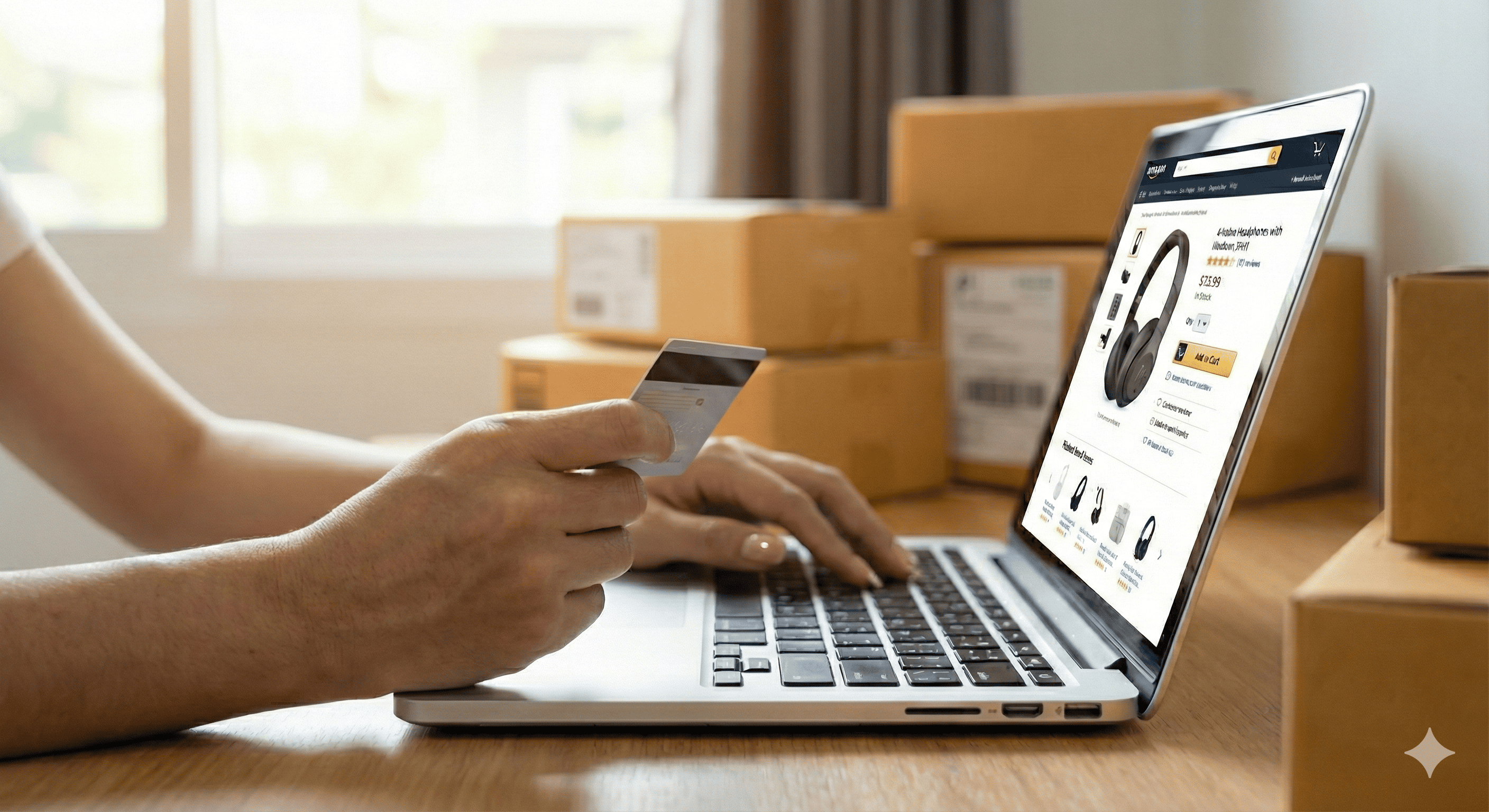 A shoppers is holding a credit card and looking at an eCommerce product page