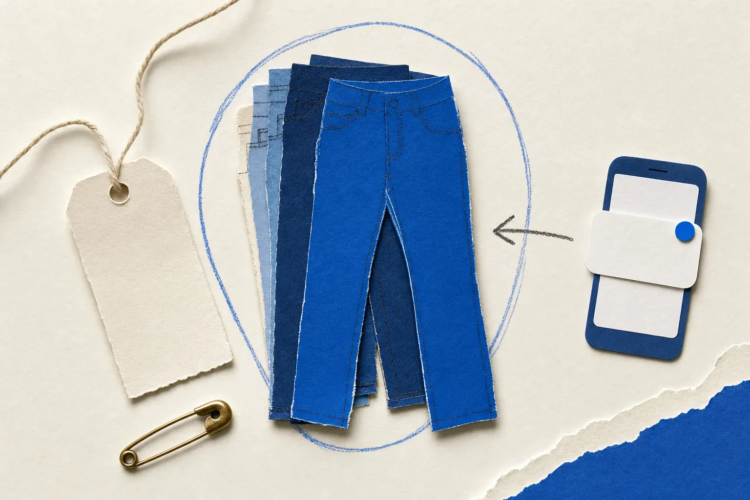 Collage of stacked jeans with one pair circled and a phone alert, illustrating American Eagle restocks