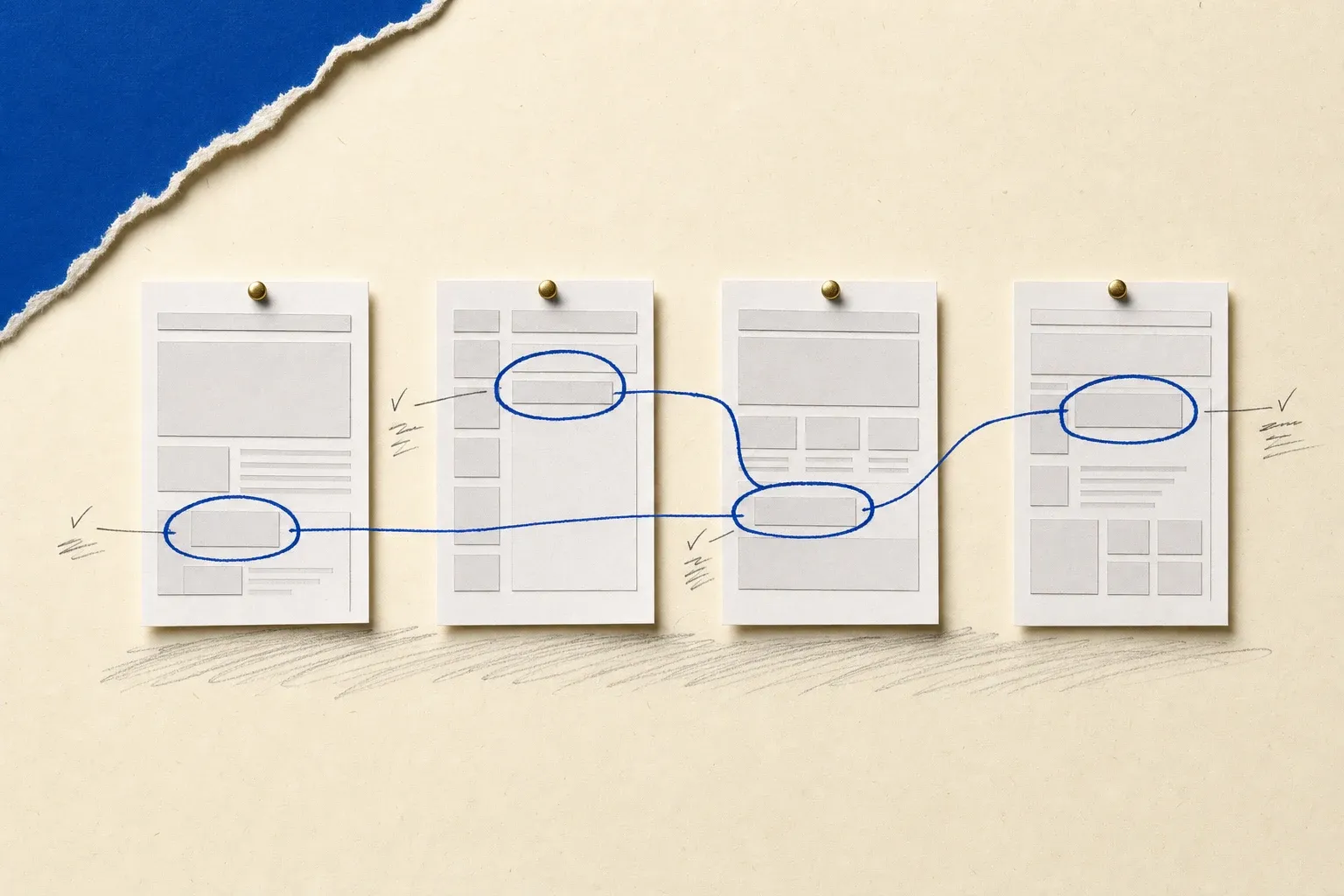 Four competitor web pages pinned side by side with blue ink circles tracking the same element across each