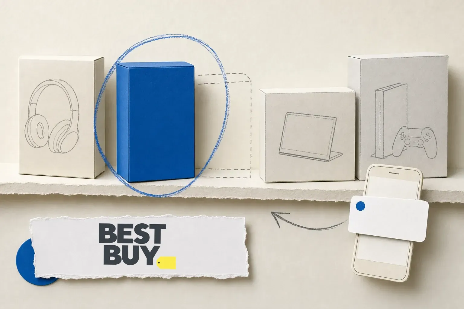 Collage of an electronics shelf with a blue box restocked and circled, illustrating Best Buy stock alerts