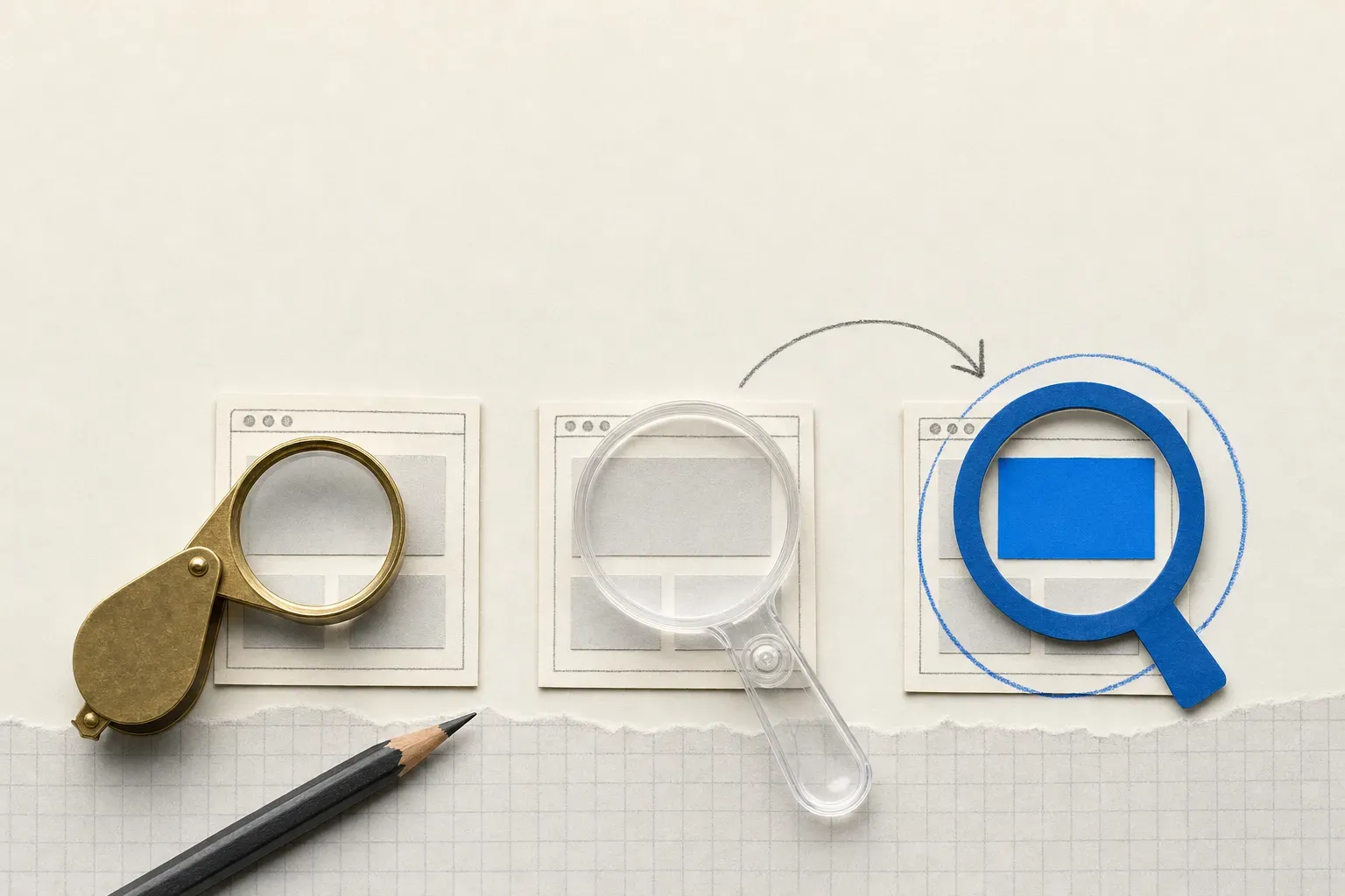 Collage of three web pages under magnifiers, one blue lens revealing a change, comparing detection tools