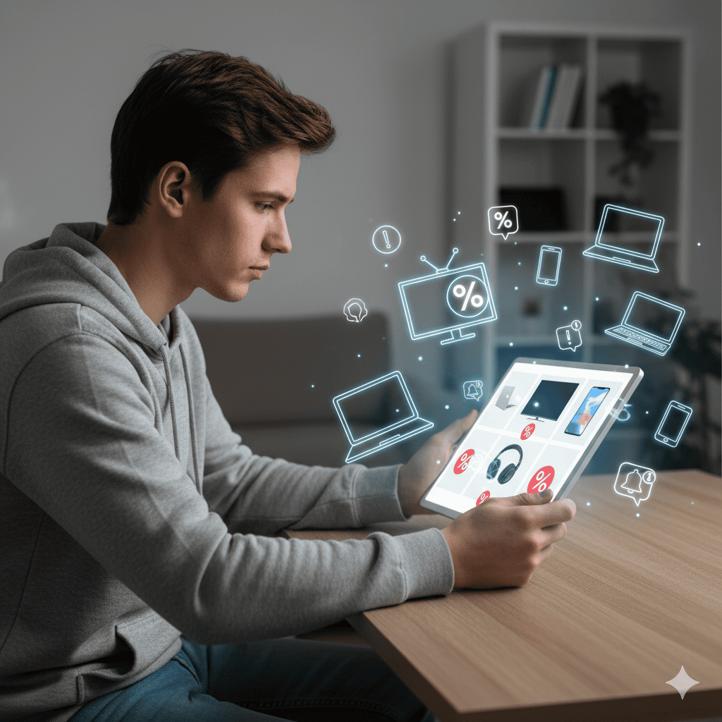 A person looking at a tablet showing electronic products with discount icons, surrounded by symbols of TVs, laptops, smartphones, and alert notifications