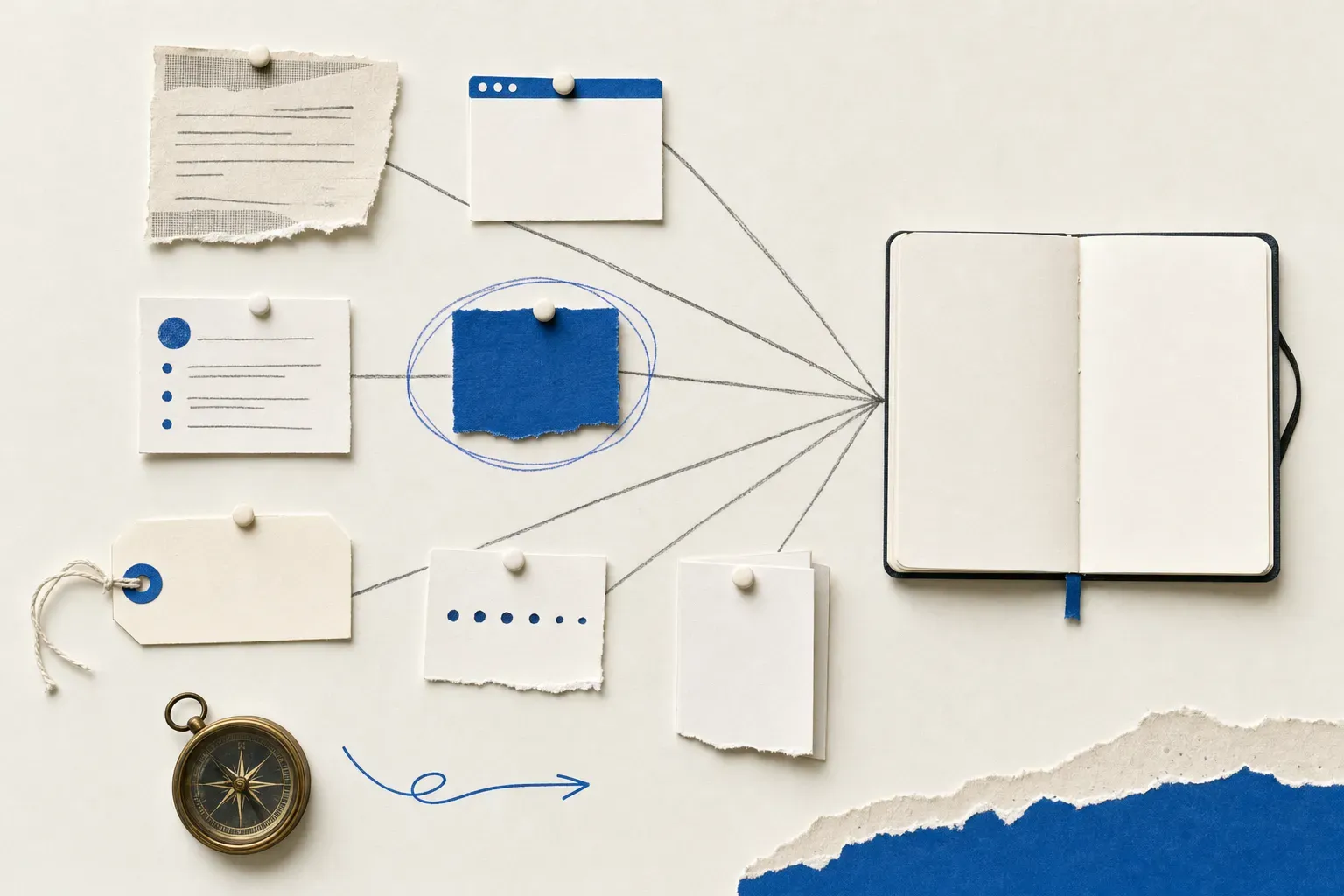 Collage of competitor source cards feeding one notebook, illustrating competitive intelligence sources
