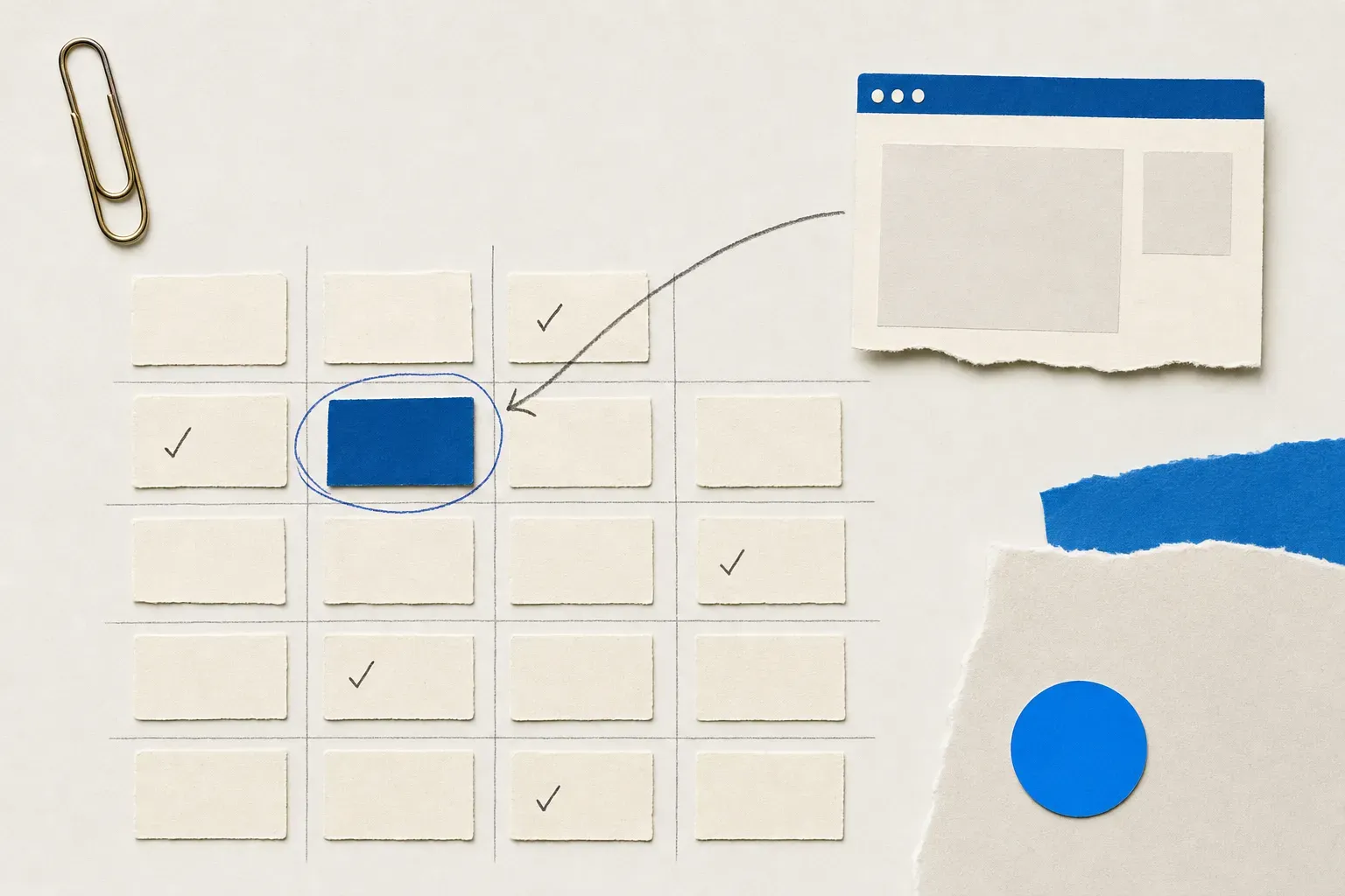 Collage of a paper comparison grid with one card swapped and circled, illustrating a competitive matrix