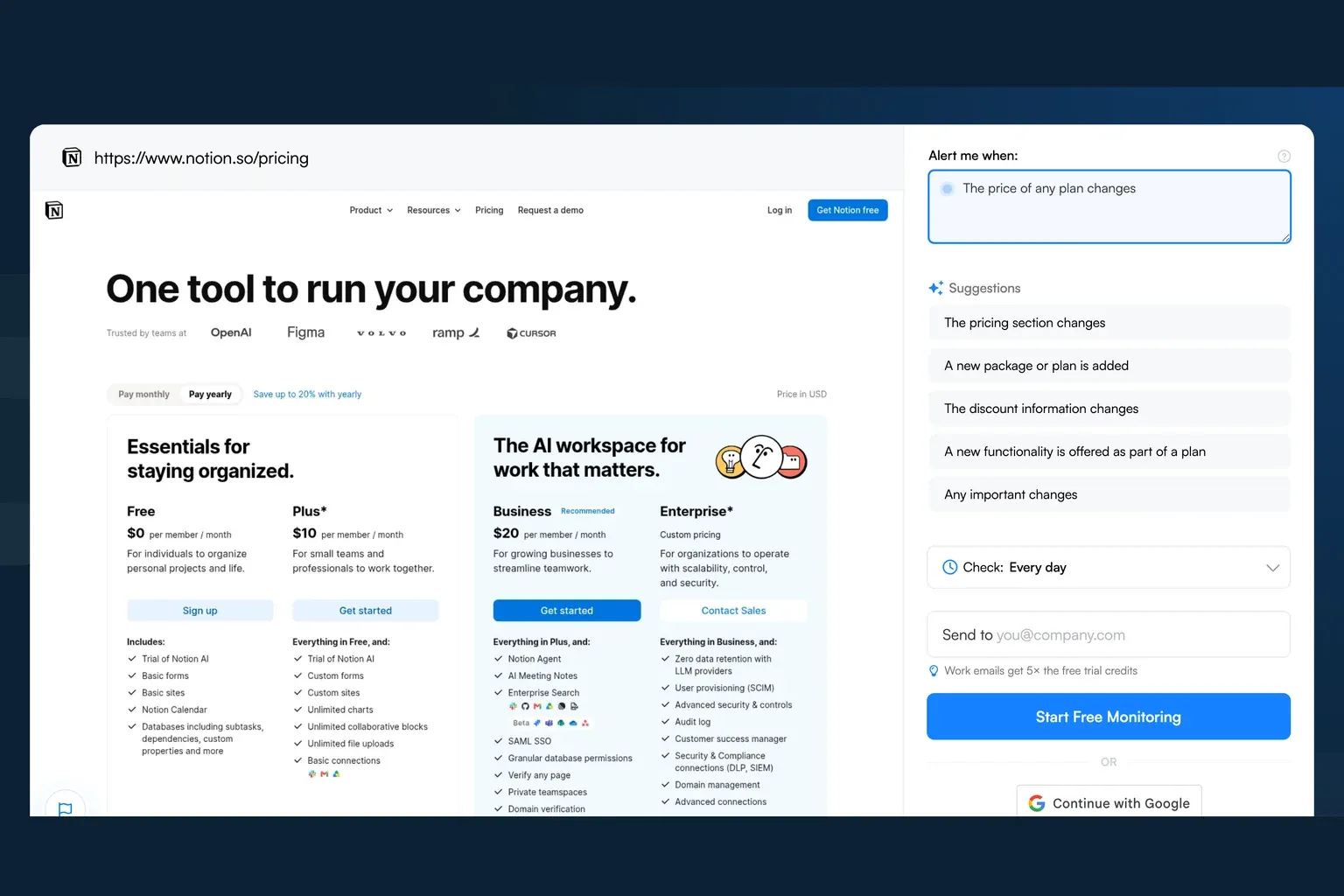 Visualping monitoring the Notion pricing page for plan price changes