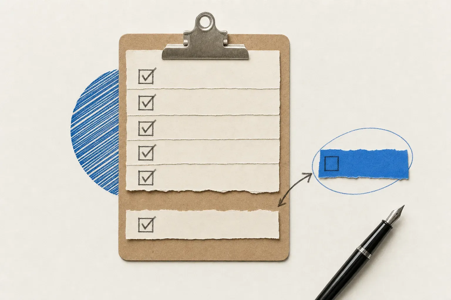 Collage of a compliance checklist with one row replaced and circled, illustrating compliance monitoring