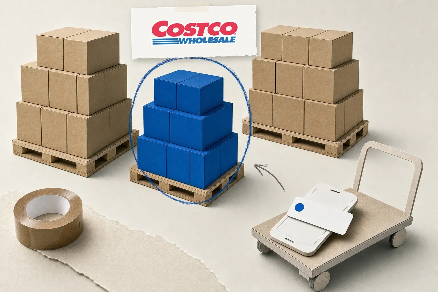 Collage of warehouse pallets with one blue carton stack circled, illustrating Costco restock alerts