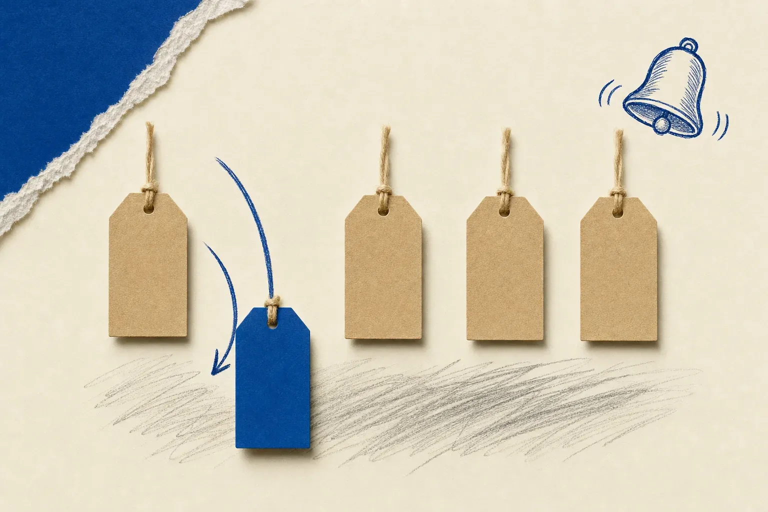 Five kraft price tags hanging in a row with one blue tag dropped lower, a blue ink arrow tracing its fall and an alert bell ringing