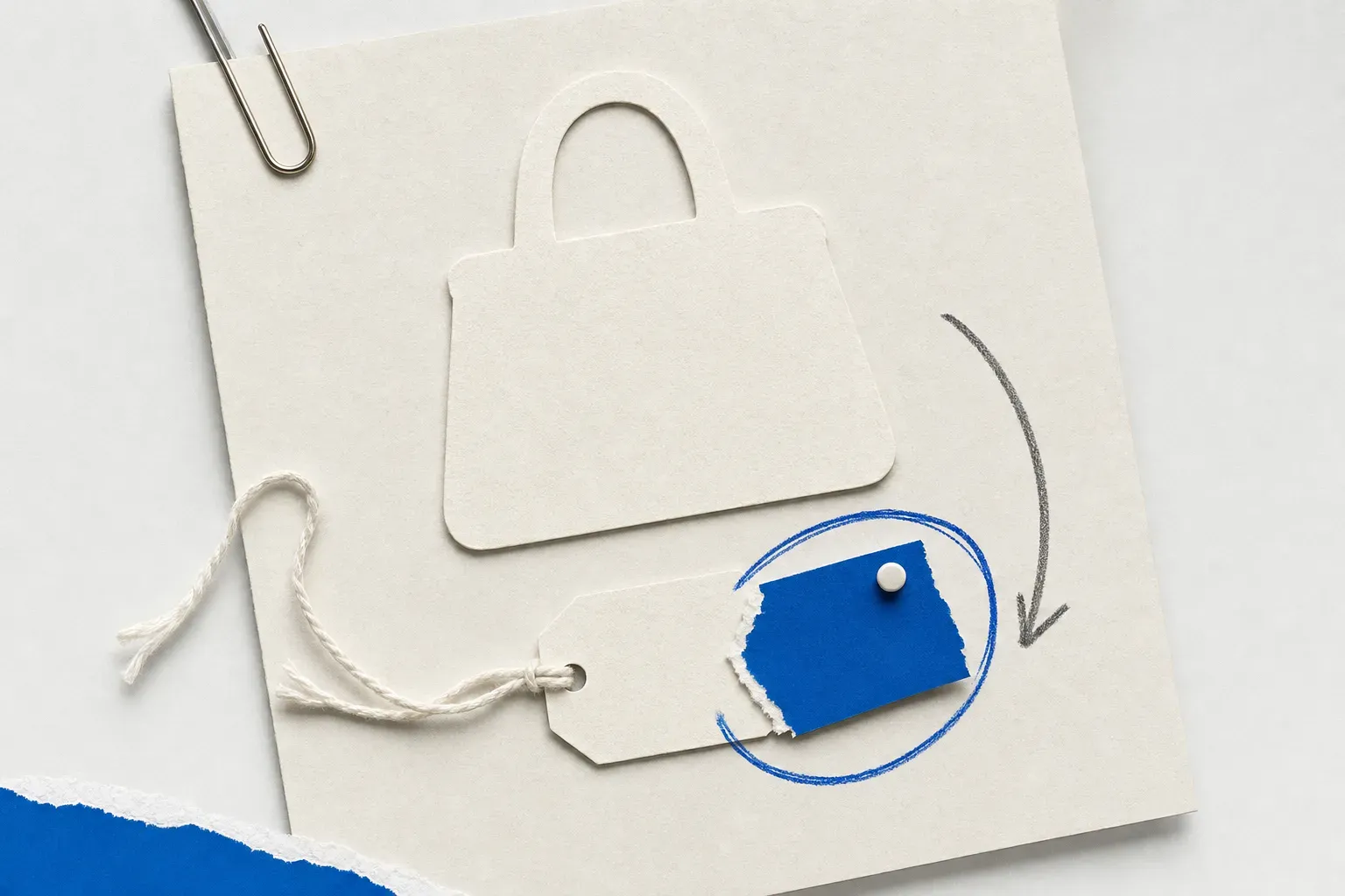 Collage of a handbag listing card with a new price tag pinned and circled, illustrating price drop alerts
