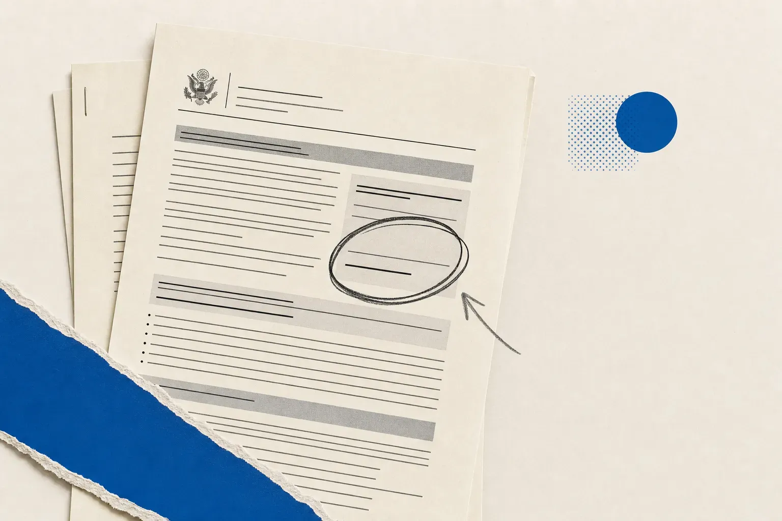 Government grant application documents with a hand-drawn ink circle marking a deadline date, in mixed-media editorial collage style