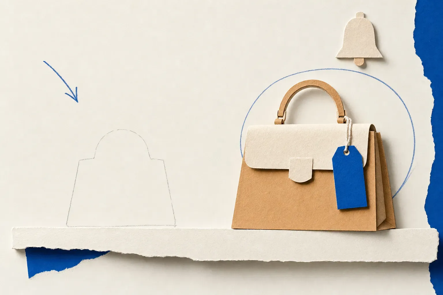 Collage of a handbag on a shelf with a new tag circled beside a bell, illustrating Hermès restock alerts
