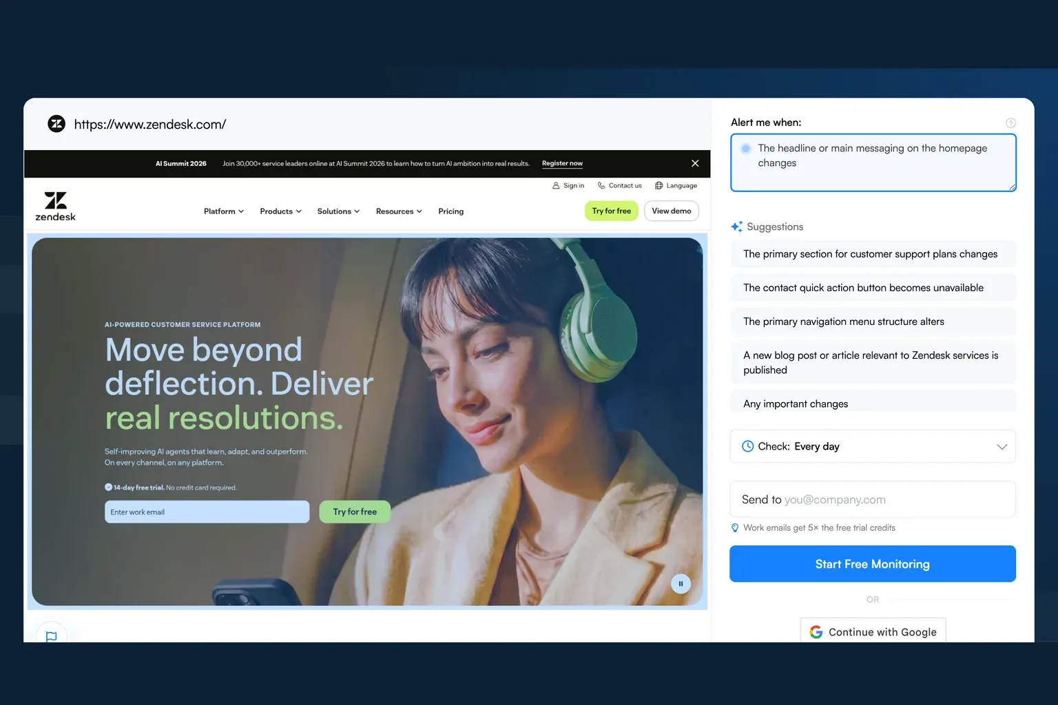 Visualping monitoring the Zendesk homepage for messaging changes