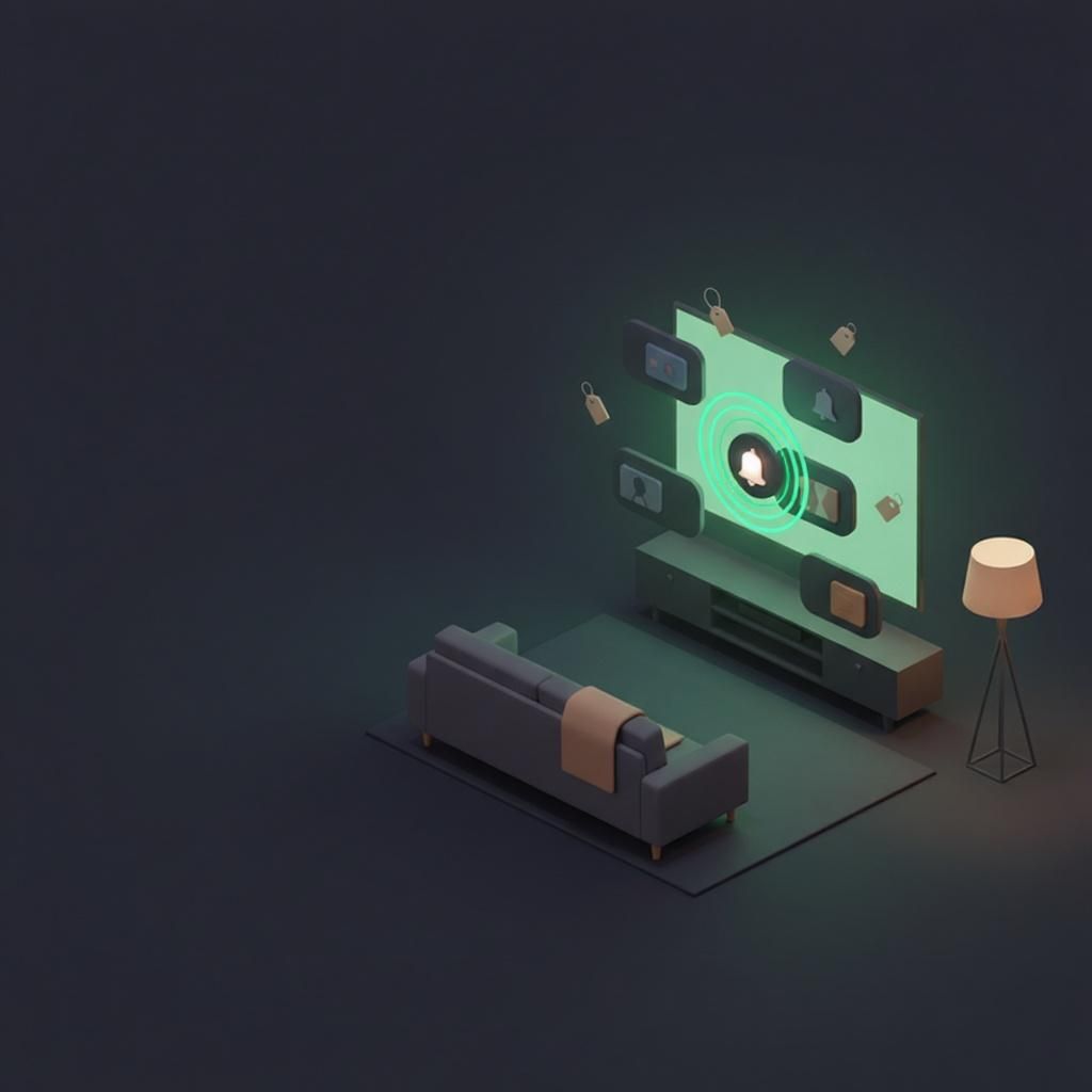 Illustrated living room with TV glow and floating streaming tiles implying Hulu Black Friday deals.