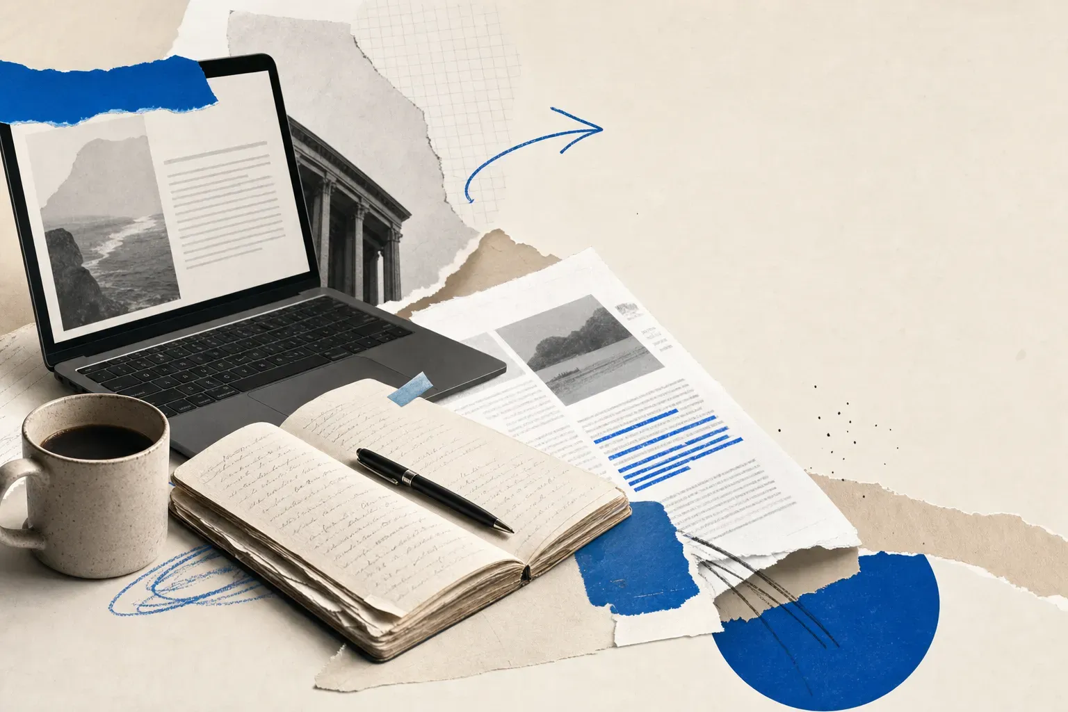 Journalist workspace with laptop notebook and coffee representing AI tools for reporters