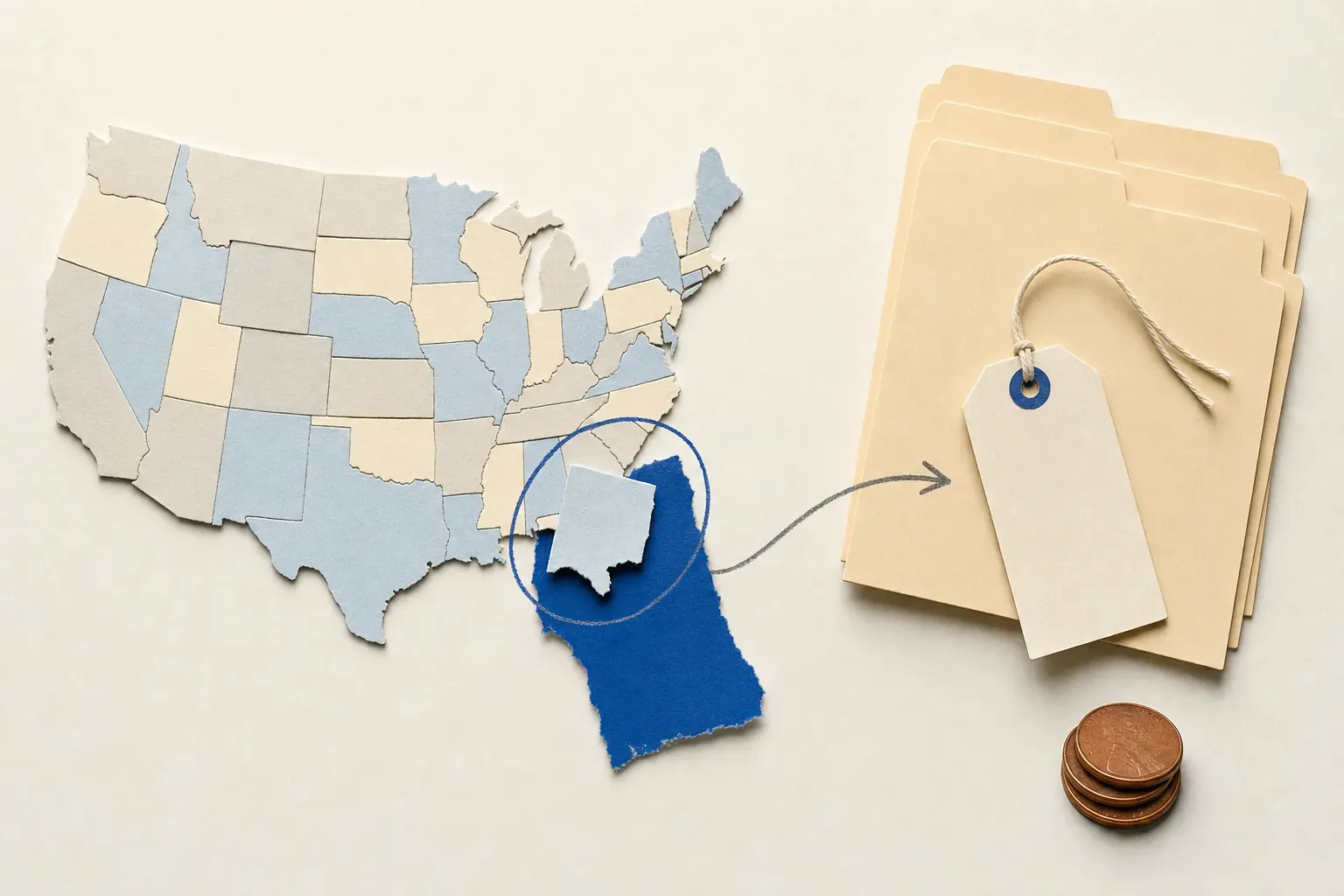 Collage of a paper US map with one state lifted beside record folders, illustrating state fee tracking
