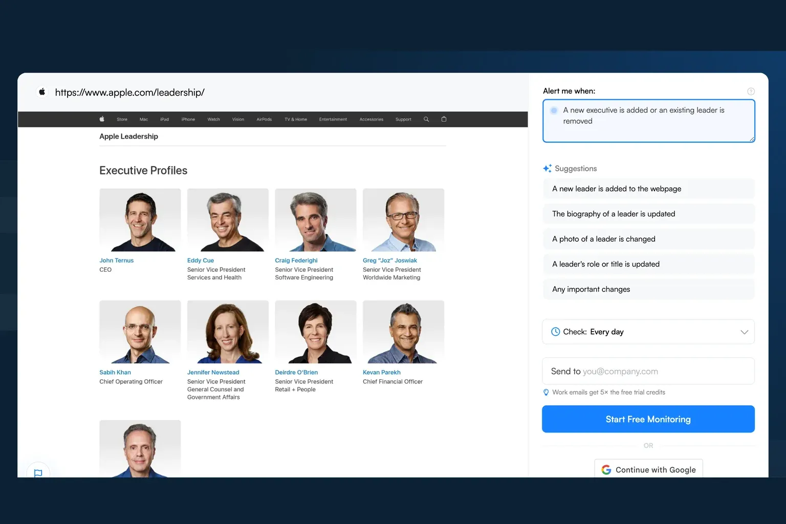 Visualping monitoring the Apple leadership page for executive changes