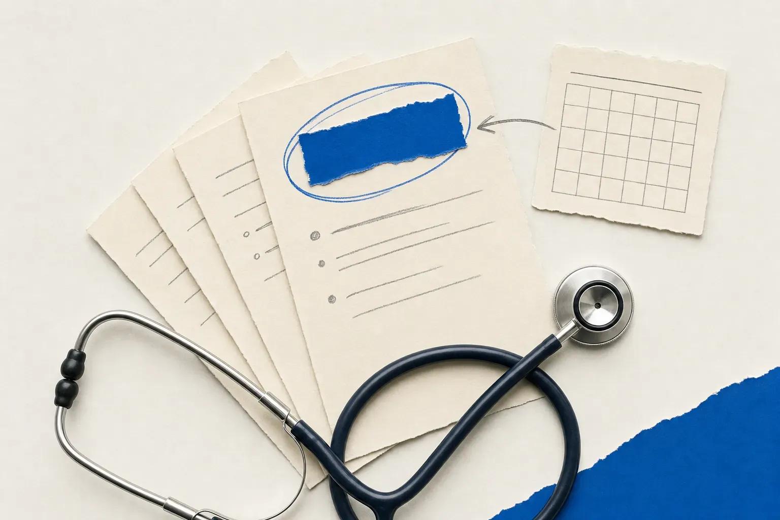 Collage of policy bulletins under a stethoscope with one new page circled, illustrating CMS tracking