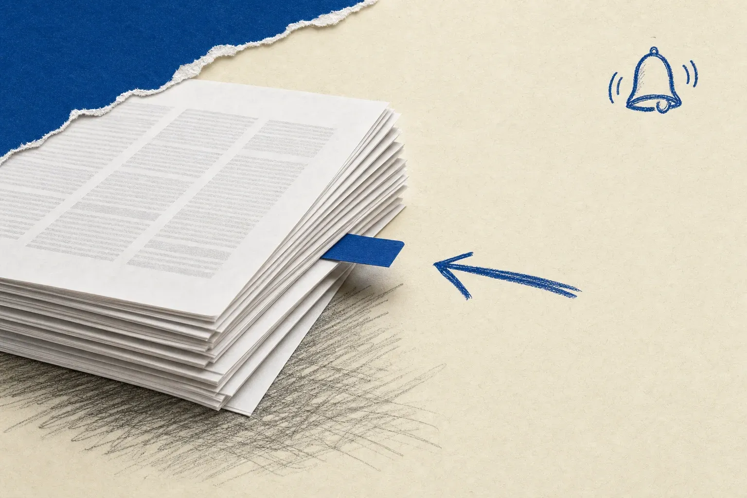 A stack of filing documents with one pulled out and marked by a blue index tab, beside a hand-drawn alert bell