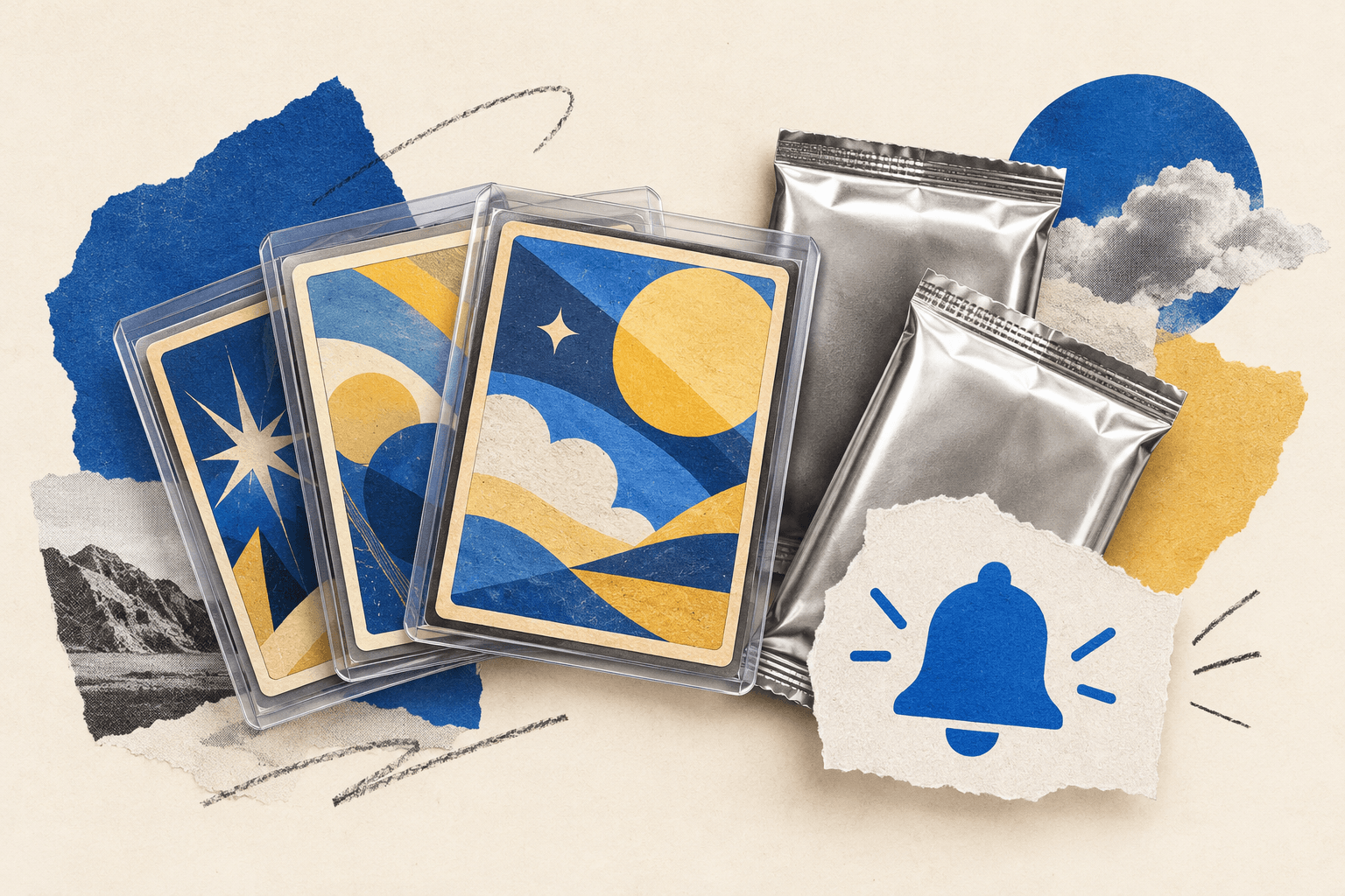 Editorial illustration of generic collectible cards, unbranded card packs and a blue notification bell