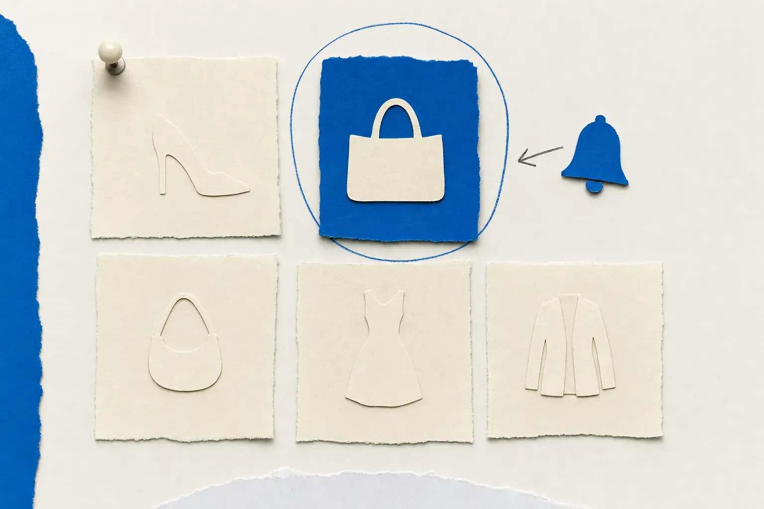 Collage of a grid of listing cards with one new bag circled beside a bell, illustrating new listing alerts