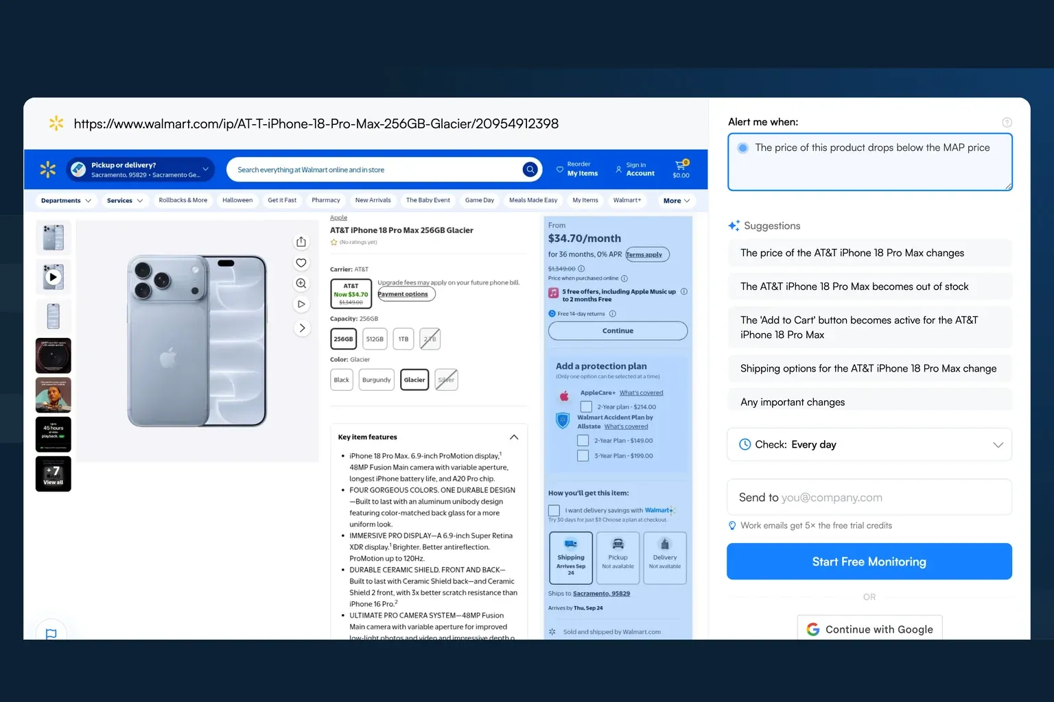 Visualping monitoring a Walmart product listing for price changes