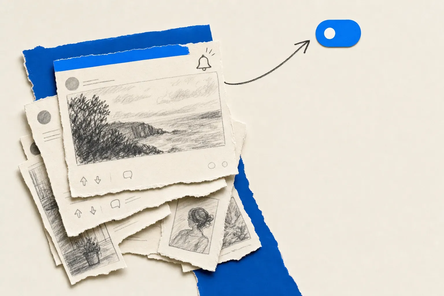 Mixed-media editorial collage of social media post cards fanned out with a brand-blue notification accent and hand-drawn arrow
