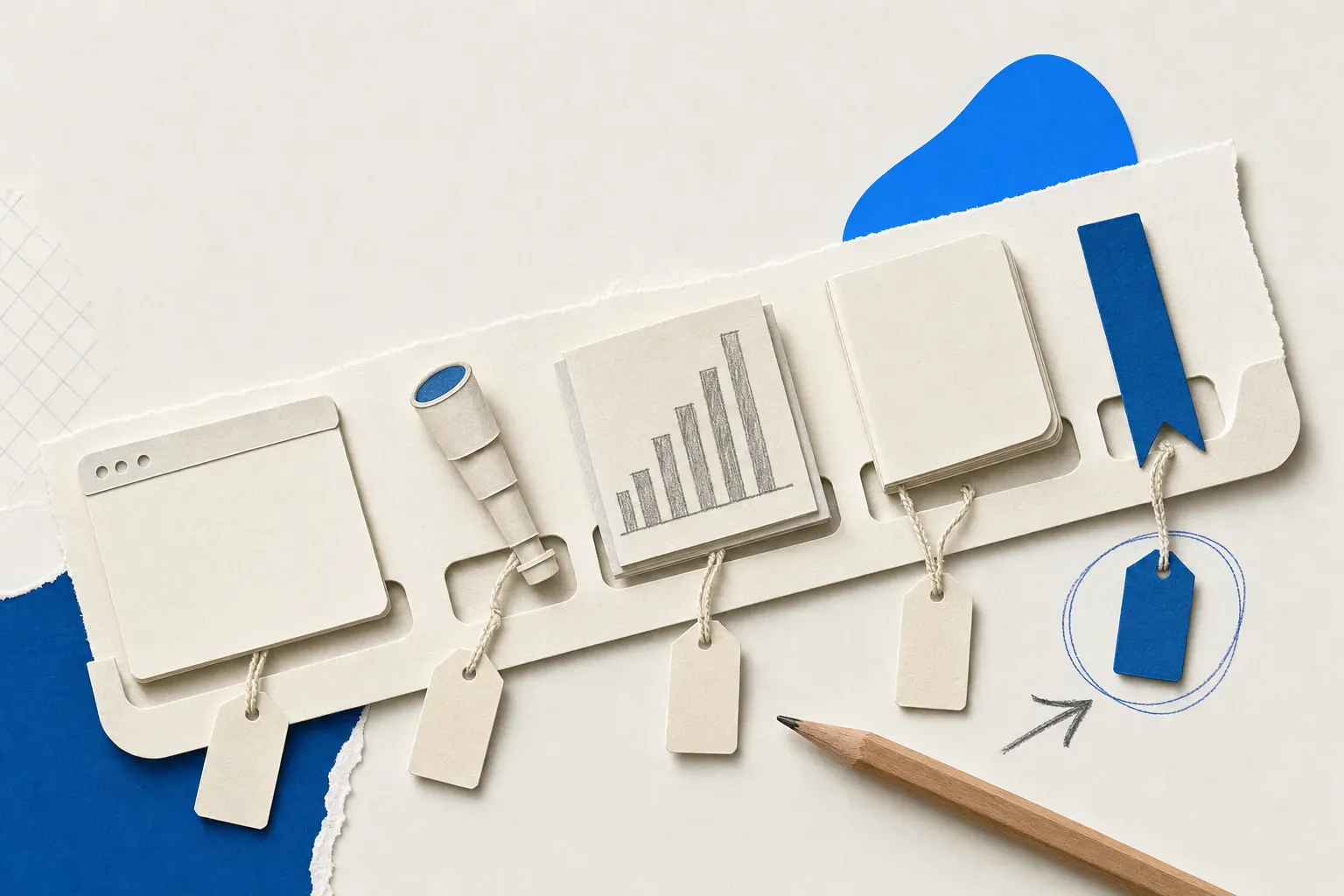 Collage of a tray of paper tools with one tag circled, illustrating free competitive intelligence tools