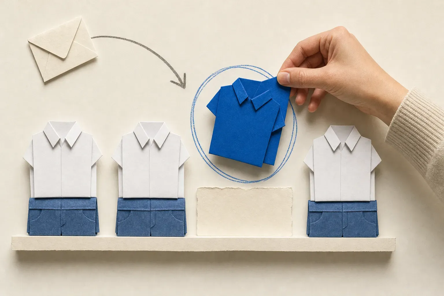 Collage of a shelf of folded shirts with one restocked and circled, illustrating out-of-stock tracking